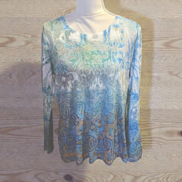 Laura Ashley Long Sleeve Blue/Turquoise and Green Floral Abstract Top in Size XL - Picture 1 of 5
